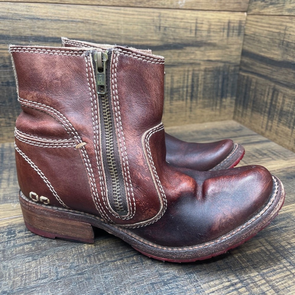 Bed Stu 1417 Leather Ankle Boots Women's 6.5 Brown Red Sole Zip Bench Made